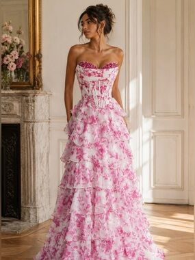 NWT Portia & Scarlett Strapless Pink Floral Tiered Ruffle Ball Gown